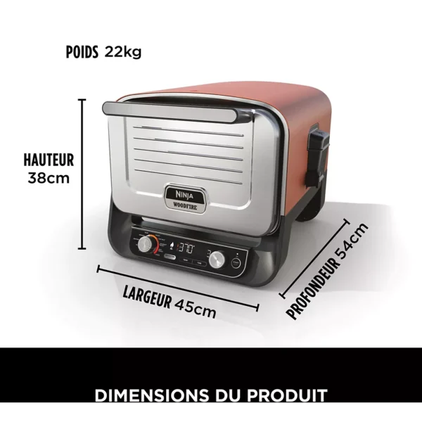 Four à pizza électrique NINJA Woodfire OO101EU orange inox, 1 pizza 30 cm, préchauffage 15 min, jusqu&rsquo;à 370°C